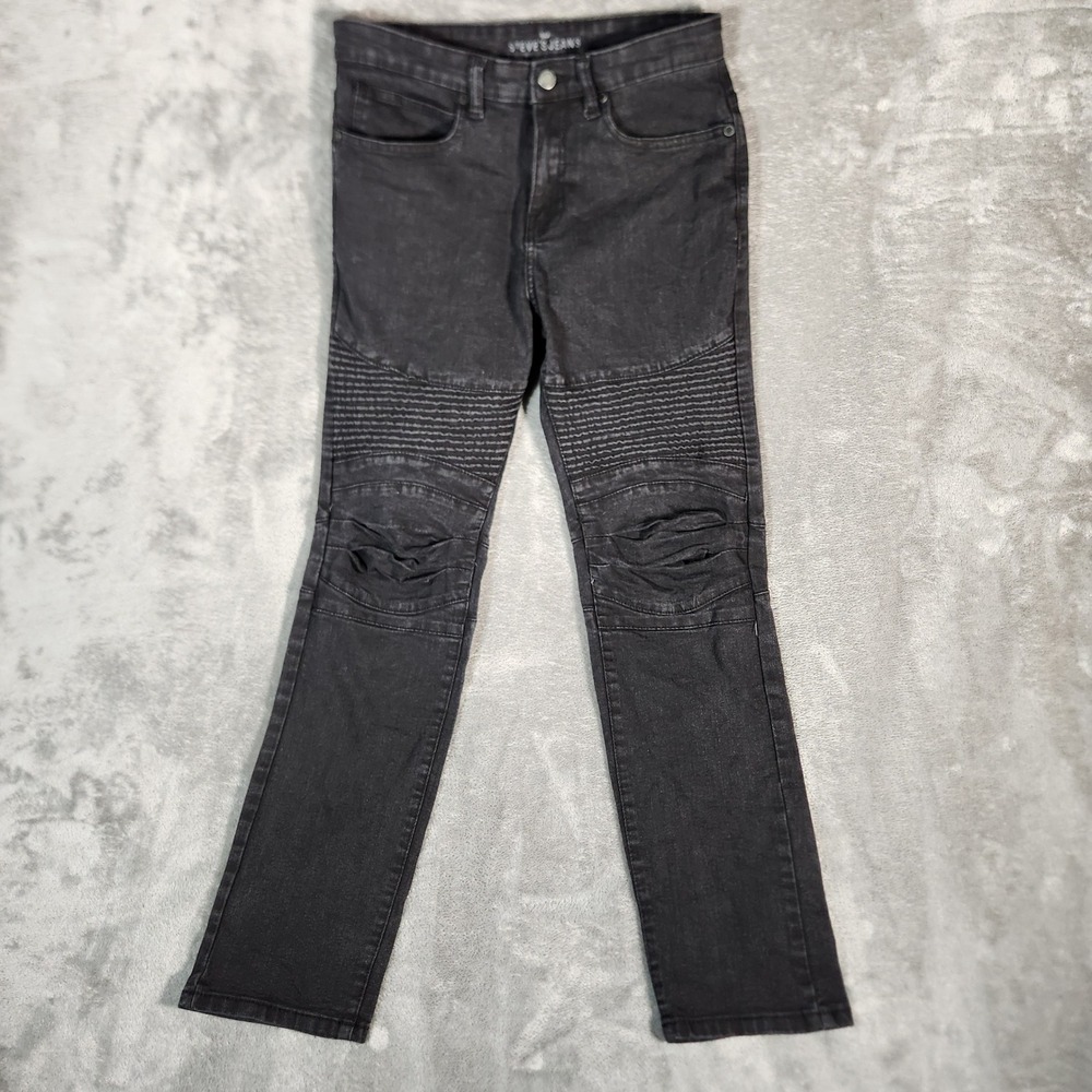 Steve's Jeans 29X29 Men's Black Moto Biker Denim Jeans Straight Fit‎